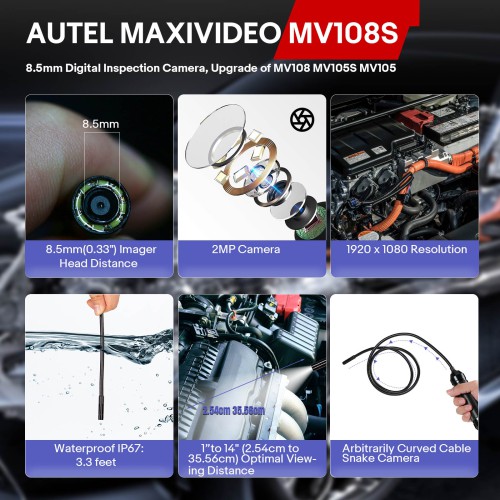 Autel MaxiVideo MV108S 8.5mm Digital Inspection Camera IP67 Waterproof USB Scope Camera with LED Light Works for Autel Diagnostic Tablets